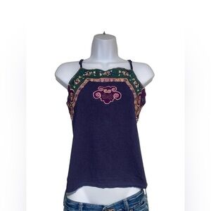 Navy blue high neck tank top with multi-colored embroidery